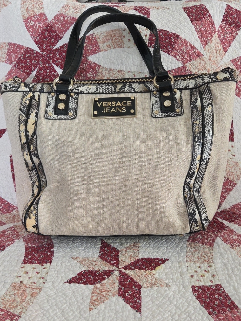 Versace Jeans Collection Beige Denim Shoulder bag with Black Snake-Trim